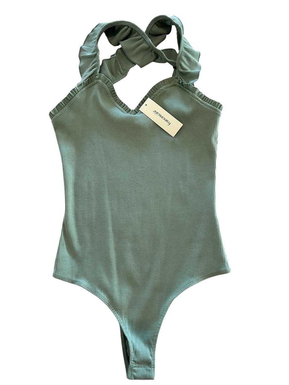 Francesca’s Ribbed Sage Green Sweetheart Neckline Ruffle Straps Bodysuit- S